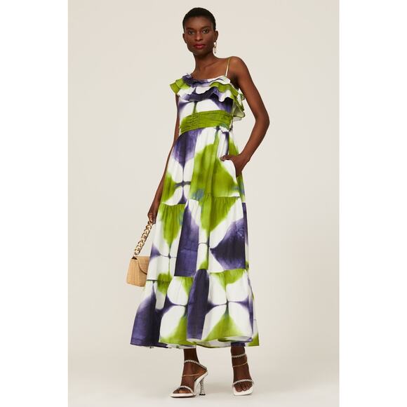 Busayo Collective One Shoulder Green Tie Dye Tiered Maxi Dress Size 8 - Picture 1 of 16